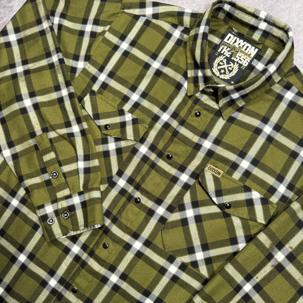 Dixxon Flannel Co The .556 Plaid Shirt Mens 2X Olive Green D-Tech - some stains